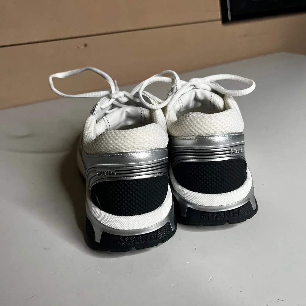Chanel Metallic Silver White Mesh CC Logo Low Top Sneakers Size 42